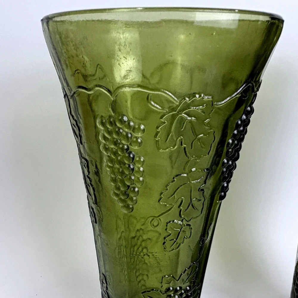 Vintage Indiana Glass Green Grape Harvest Pressed Glass Trumpet Vases Set of 2